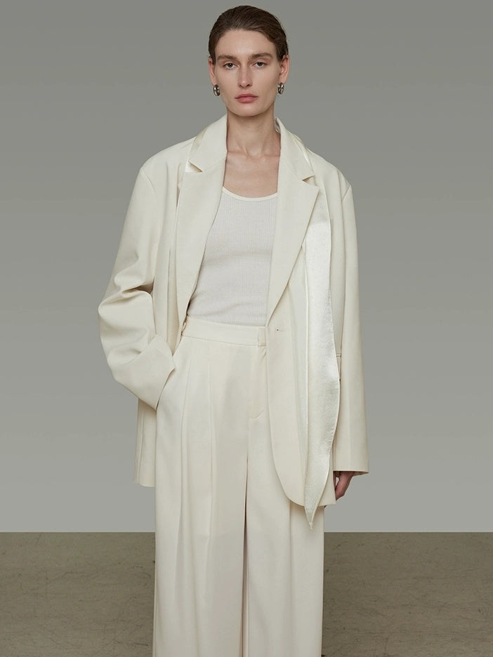 UNSPOKEN Cozy Ribbon Detail Loose Fit Gentle Style Women Casual Solid Beige Blazer