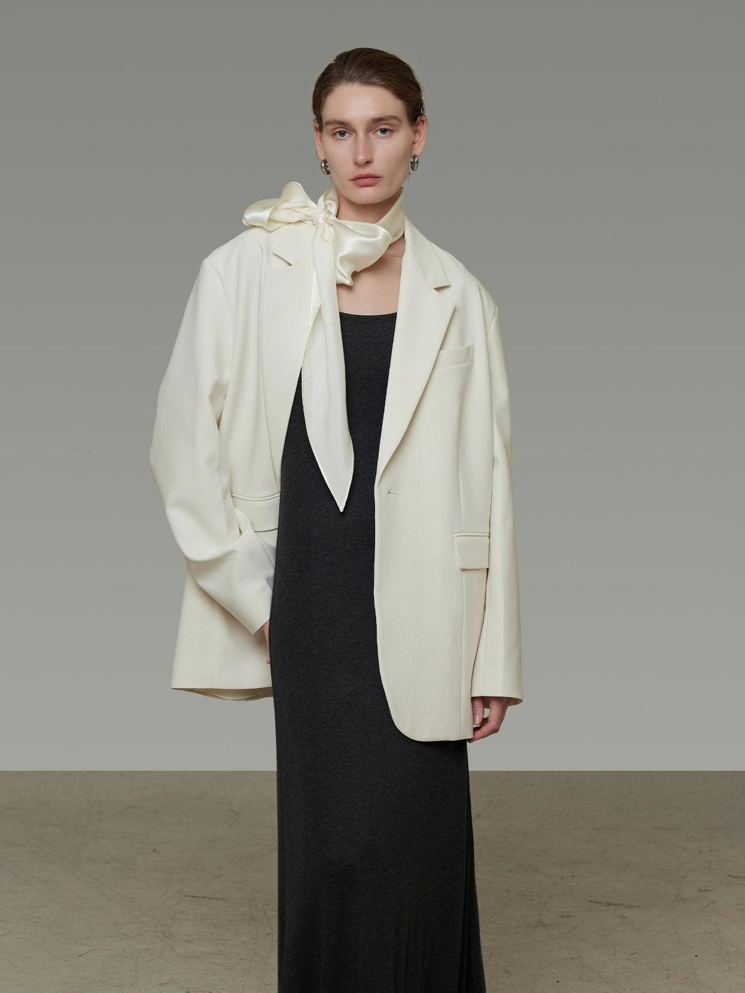 UNSPOKEN Cozy Ribbon Detail Loose Fit Gentle Style Women Casual Solid Beige Blazer