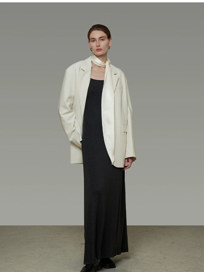 UNSPOKEN Cozy Ribbon Detail Loose Fit Gentle Style Women Casual Solid Beige Blazer