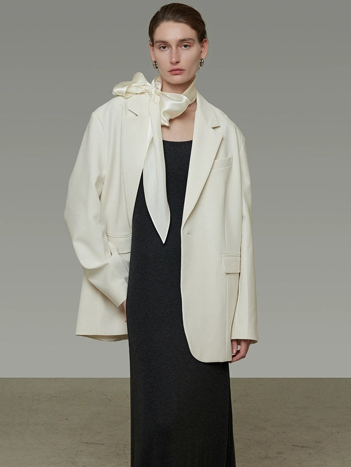 UNSPOKEN Cozy Ribbon Detail Loose Fit Gentle Style Women Casual Solid Beige Blazer