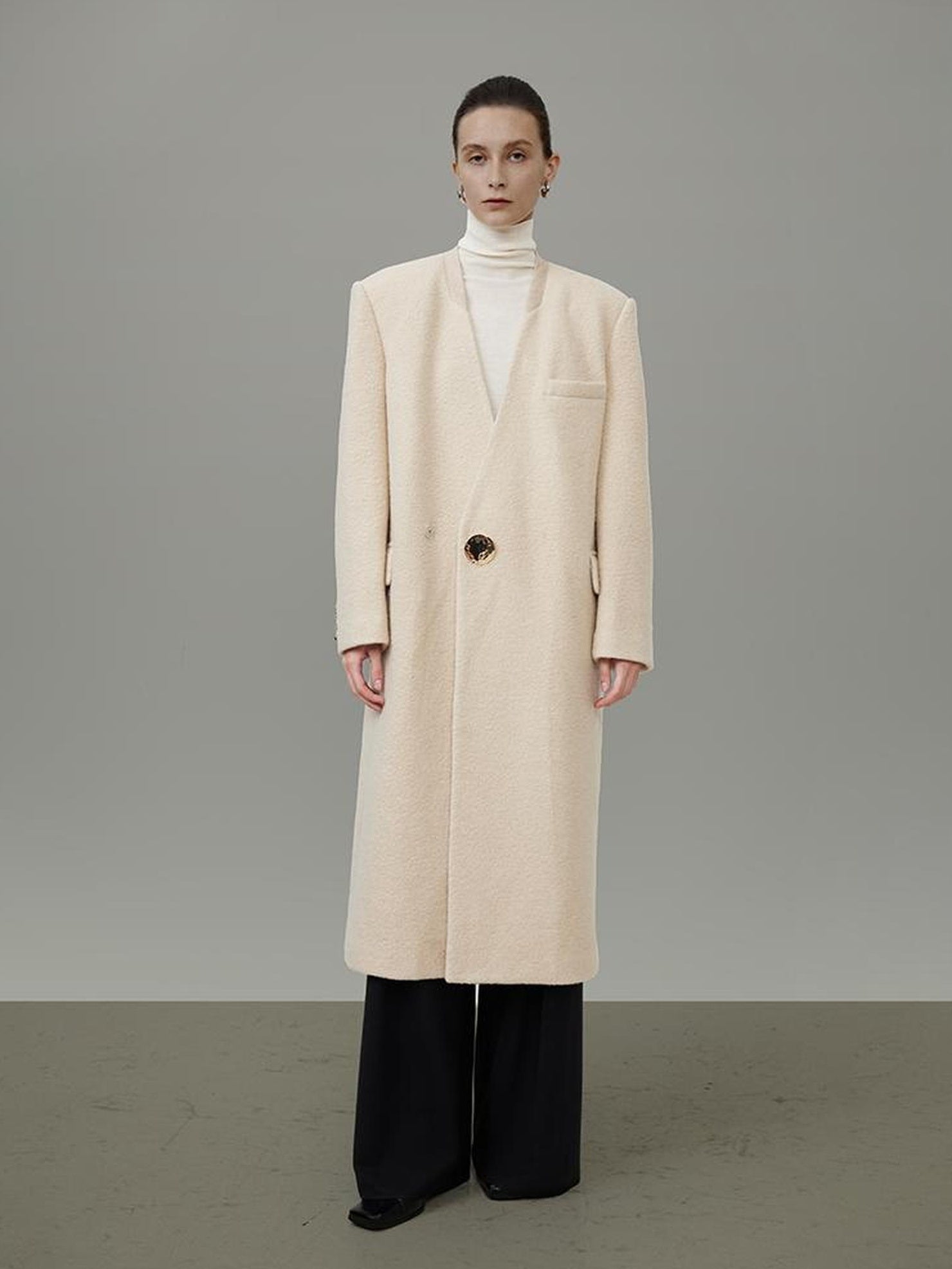 UNSPOKEN Cream Wool Blend Longline V Neck Single Button Loose Fit Minimalist Coat