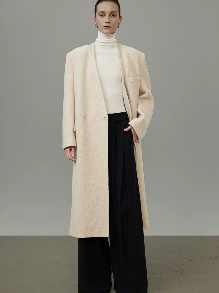 UNSPOKEN Cream Wool Blend Longline V Neck Single Button Loose Fit Minimalist Coat