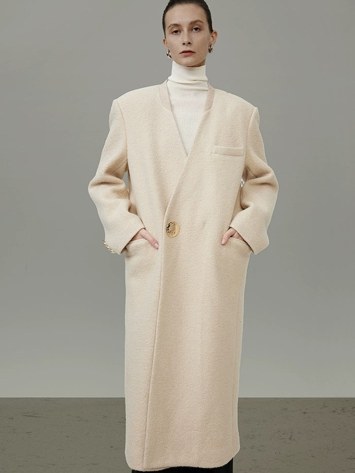 UNSPOKEN Cream Wool Blend Longline V Neck Single Button Loose Fit Minimalist Coat