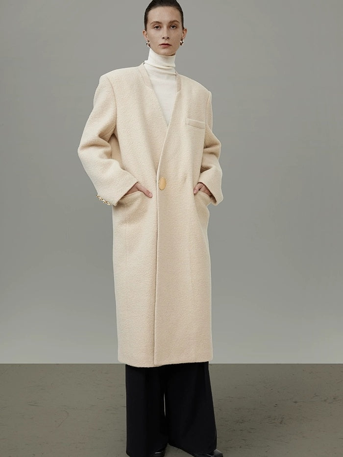 UNSPOKEN Cream Wool Blend Longline V Neck Single Button Loose Fit Minimalist Coat
