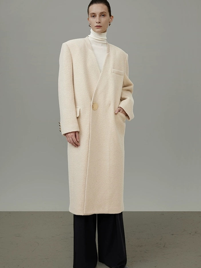 UNSPOKEN Cream Wool Blend Longline V Neck Single Button Loose Fit Minimalist Coat