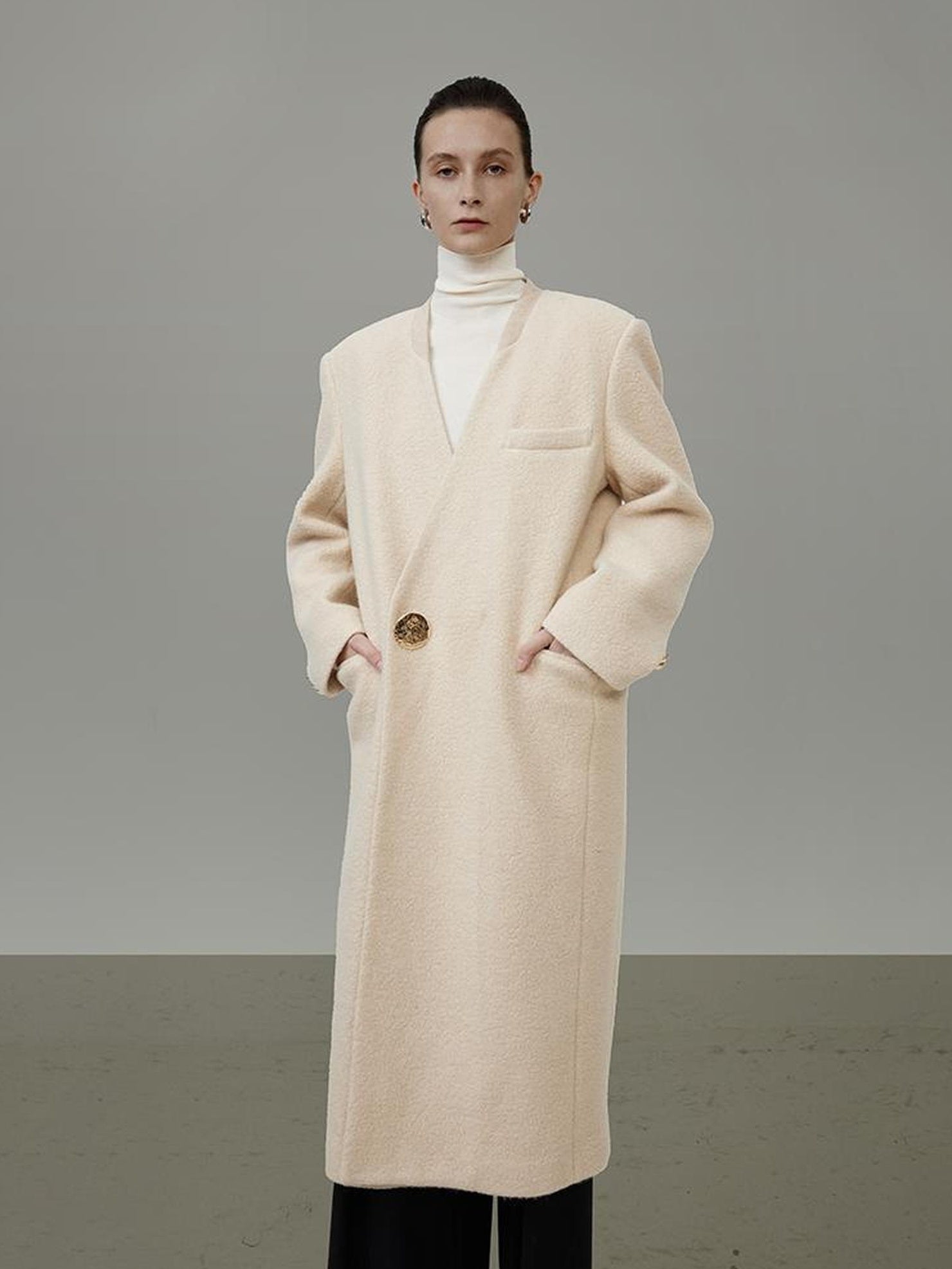 UNSPOKEN Cream Wool Blend Longline V Neck Single Button Loose Fit Minimalist Coat