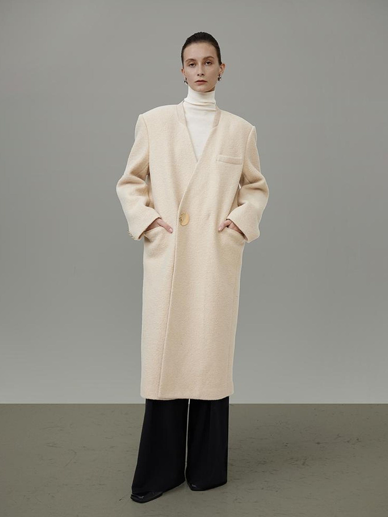 UNSPOKEN Cream Wool Blend Longline V Neck Single Button Loose Fit Minimalist Coat