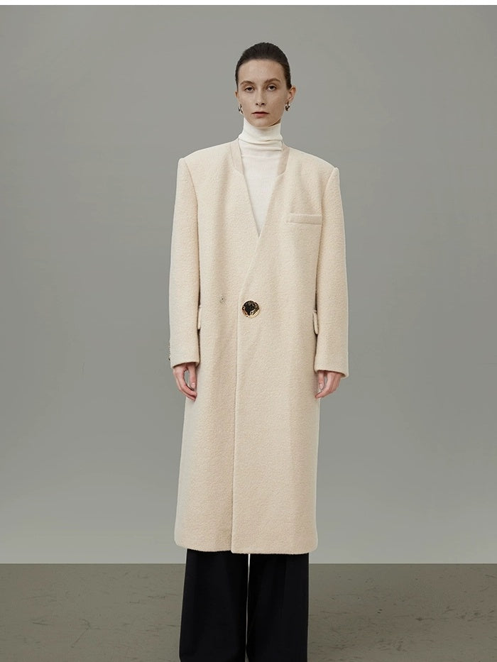 UNSPOKEN Cream Wool Blend Longline V Neck Single Button Loose Fit Minimalist Coat