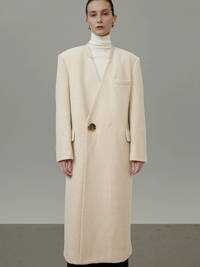 UNSPOKEN Cream Wool Blend Longline V Neck Single Button Loose Fit Minimalist Coat