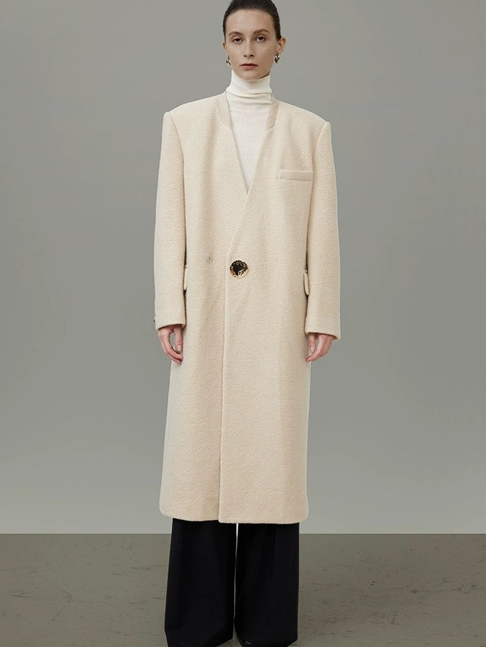 UNSPOKEN Cream Wool Blend Longline V Neck Single Button Loose Fit Minimalist Coat