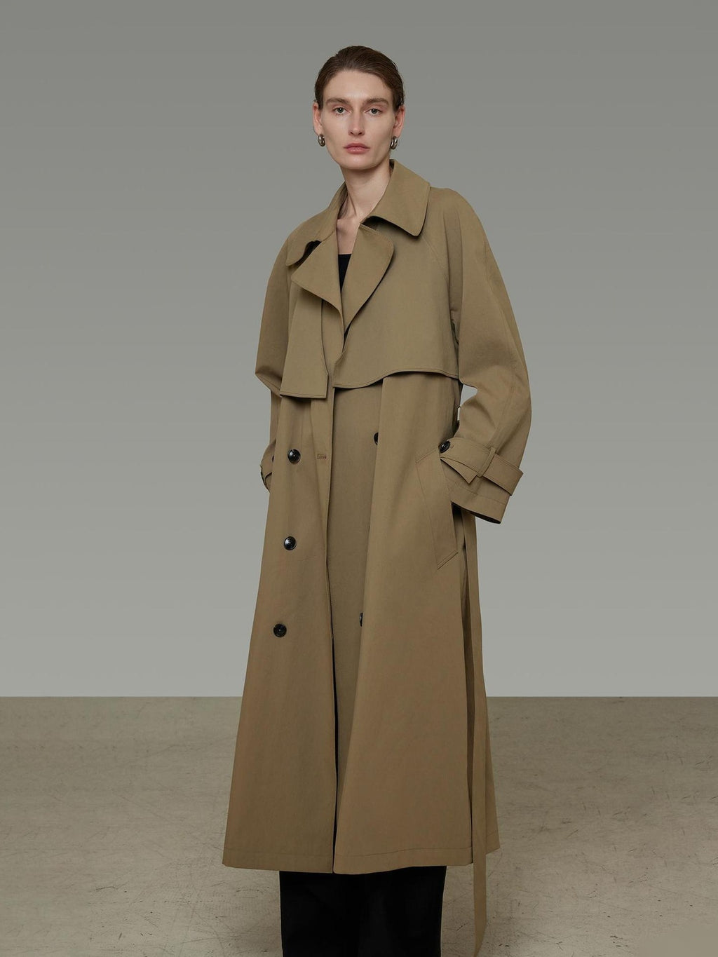 UNSPOKEN Double Breasted Long Loose Office Minimalist Dark Khaki Trench Coat