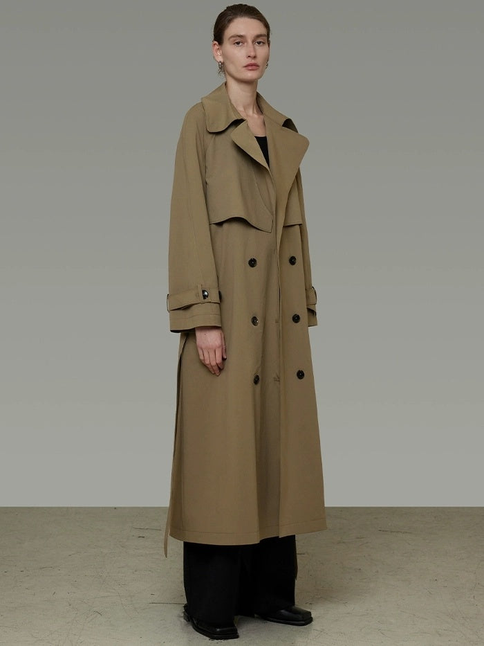 UNSPOKEN Double Breasted Long Loose Office Minimalist Dark Khaki Trench Coat