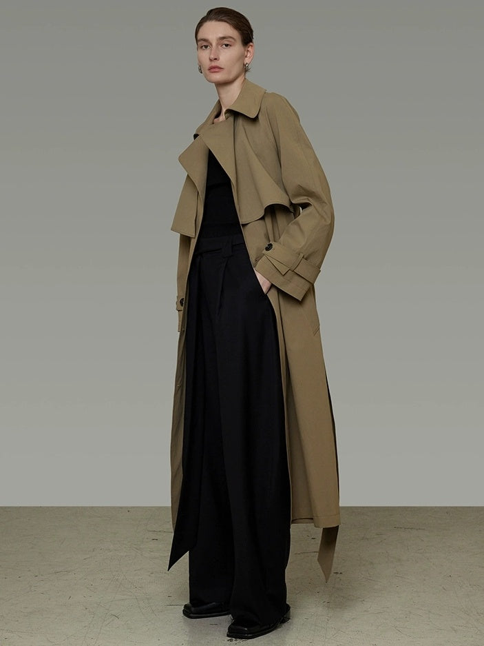UNSPOKEN Double Breasted Long Loose Office Minimalist Dark Khaki Trench Coat