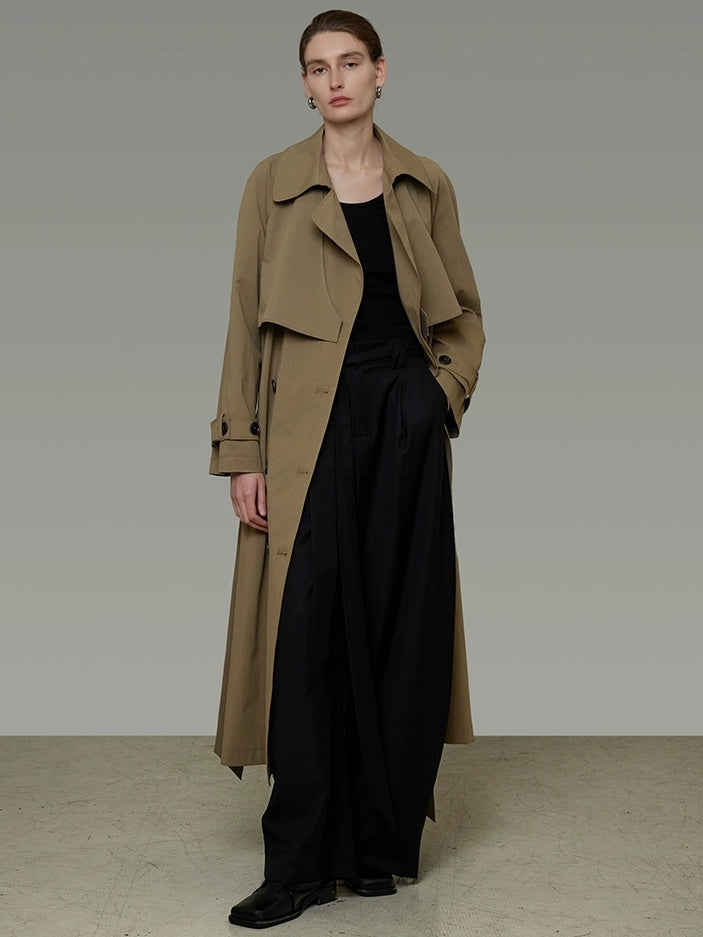 UNSPOKEN Double Breasted Long Loose Office Minimalist Dark Khaki Trench Coat