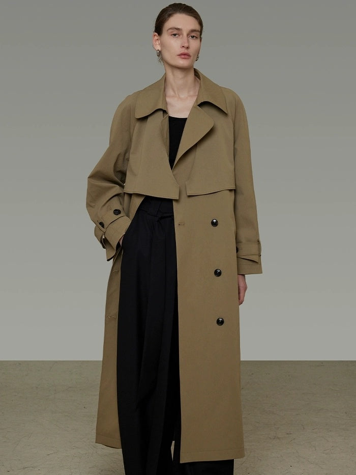 UNSPOKEN Double Breasted Long Loose Office Minimalist Dark Khaki Trench Coat