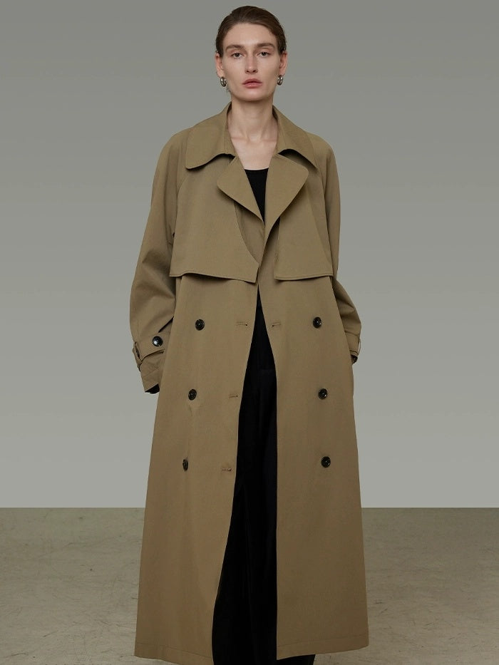 UNSPOKEN Double Breasted Long Loose Office Minimalist Dark Khaki Trench Coat