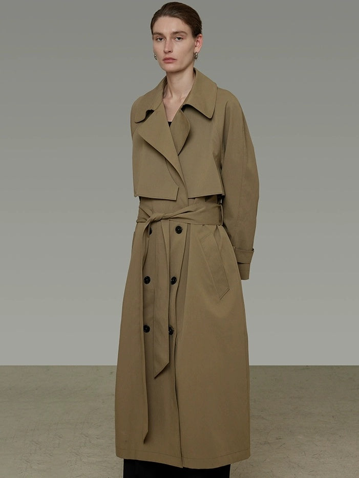 UNSPOKEN Double Breasted Long Loose Office Minimalist Dark Khaki Trench Coat
