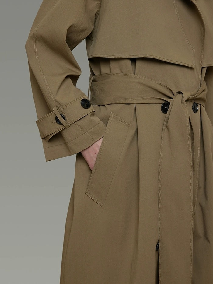 UNSPOKEN Double Breasted Long Loose Office Minimalist Dark Khaki Trench Coat