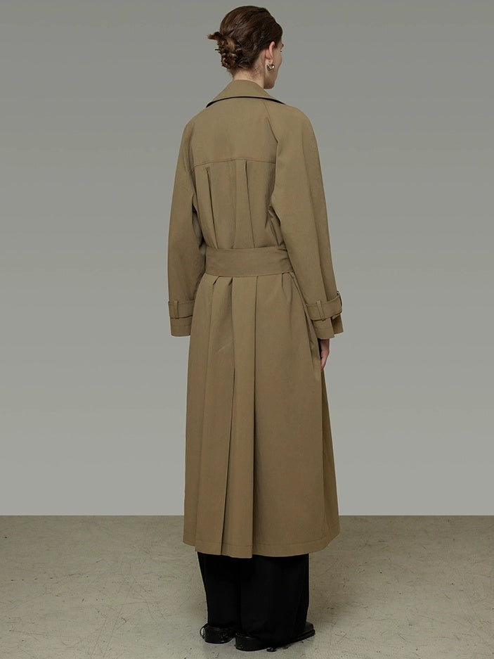 UNSPOKEN Double Breasted Long Loose Office Minimalist Dark Khaki Trench Coat