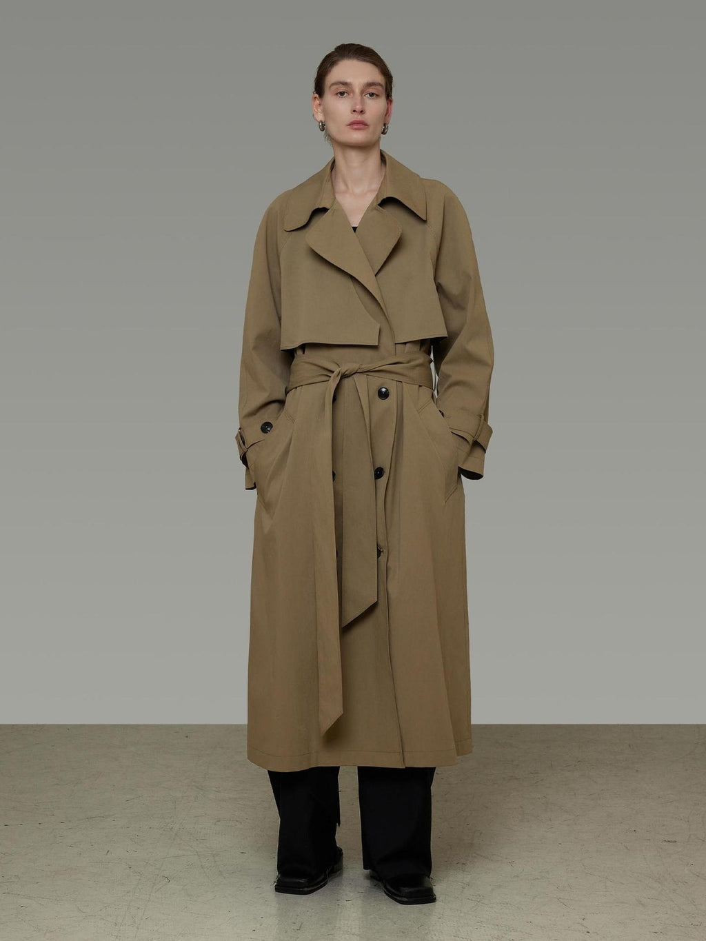 UNSPOKEN Double Breasted Long Loose Office Minimalist Dark Khaki Trench Coat