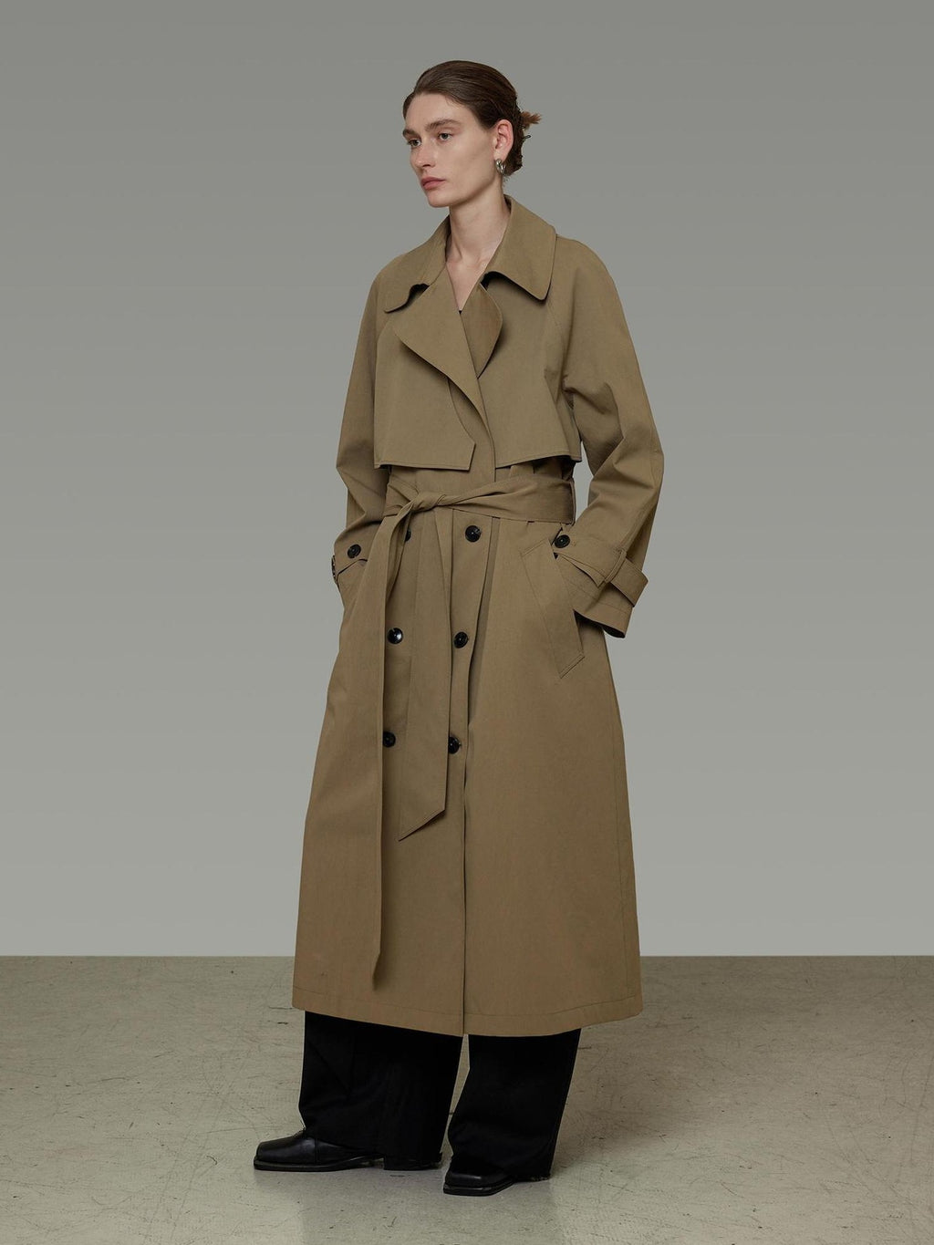 UNSPOKEN Double Breasted Long Loose Office Minimalist Dark Khaki Trench Coat