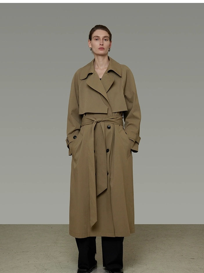 UNSPOKEN Double Breasted Long Loose Office Minimalist Dark Khaki Trench Coat