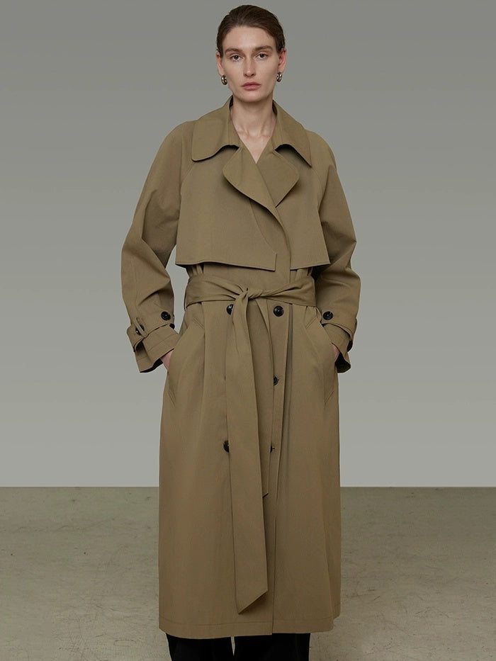 UNSPOKEN Double Breasted Long Loose Office Minimalist Dark Khaki Trench Coat