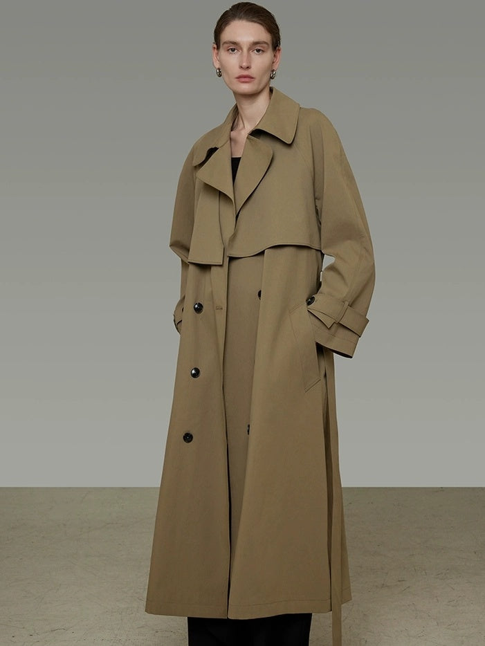 UNSPOKEN Double Breasted Long Loose Office Minimalist Dark Khaki Trench Coat