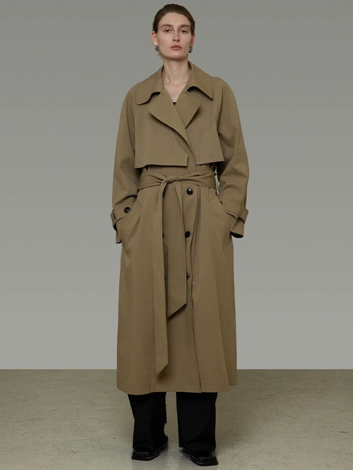 UNSPOKEN Double Breasted Long Loose Office Minimalist Dark Khaki Trench Coat