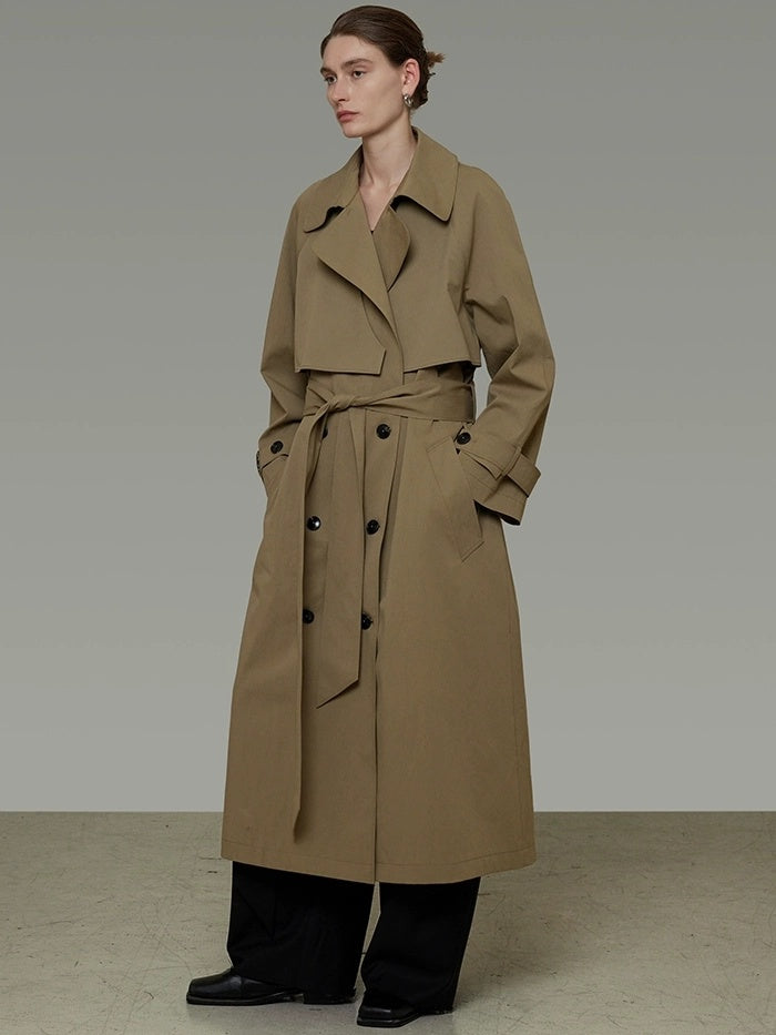 UNSPOKEN Double Breasted Long Loose Office Minimalist Dark Khaki Trench Coat