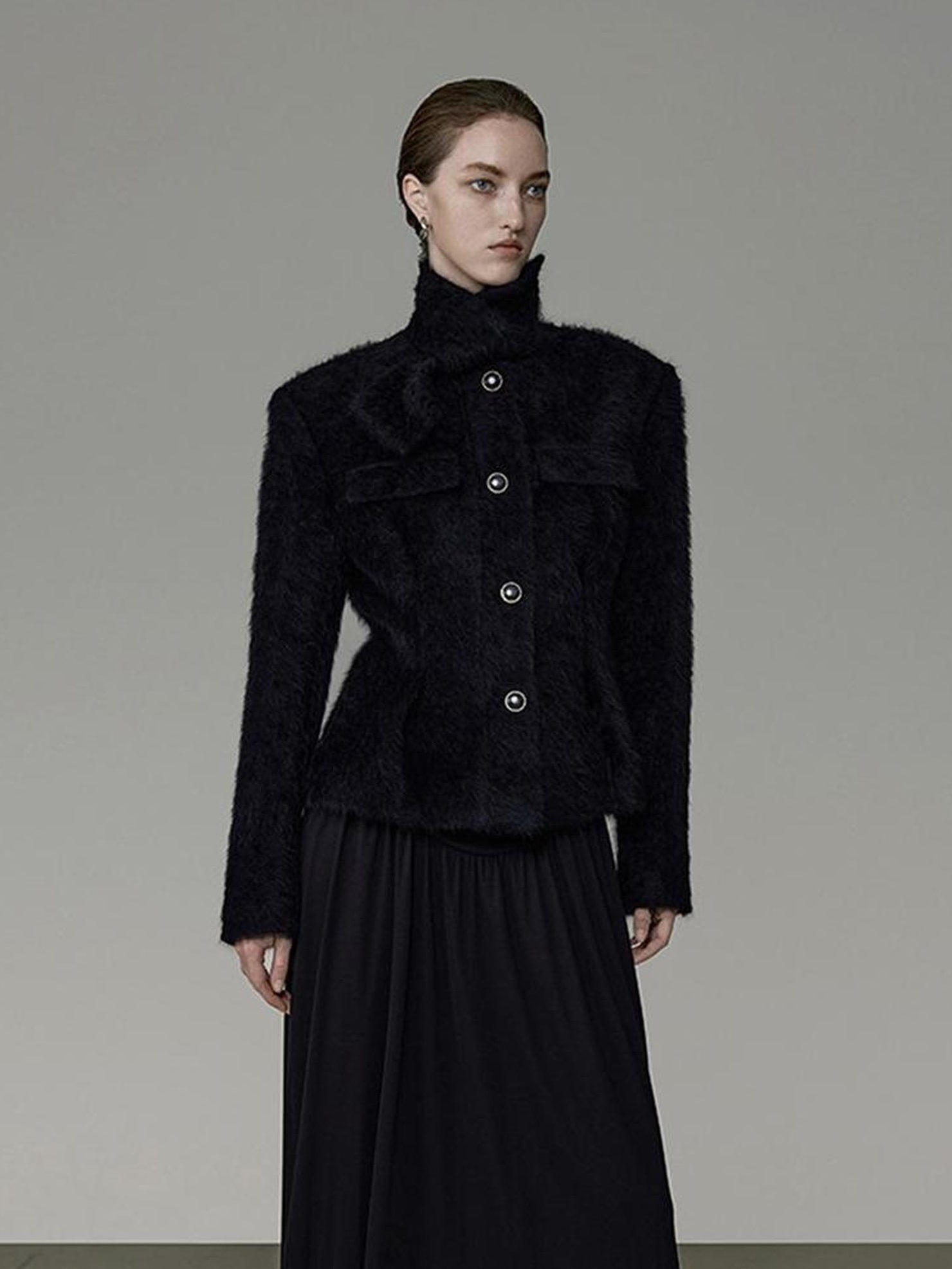 UNSPOKEN Flattering French Slim Fit Women Waist Cinch Stand Collar Nylon Button Coat