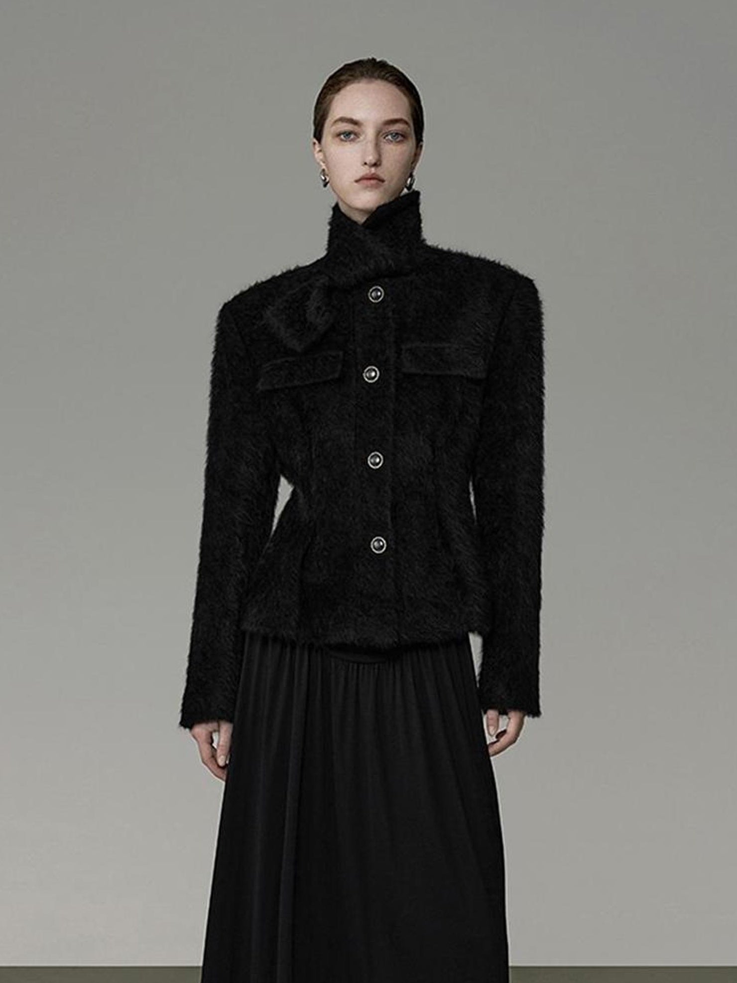 UNSPOKEN Flattering French Slim Fit Women Waist Cinch Stand Collar Nylon Button Coat