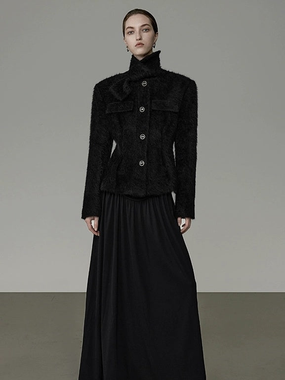 UNSPOKEN Flattering French Slim Fit Women Waist Cinch Stand Collar Nylon Button Coat