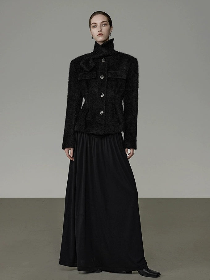 UNSPOKEN Flattering French Slim Fit Women Waist Cinch Stand Collar Nylon Button Coat