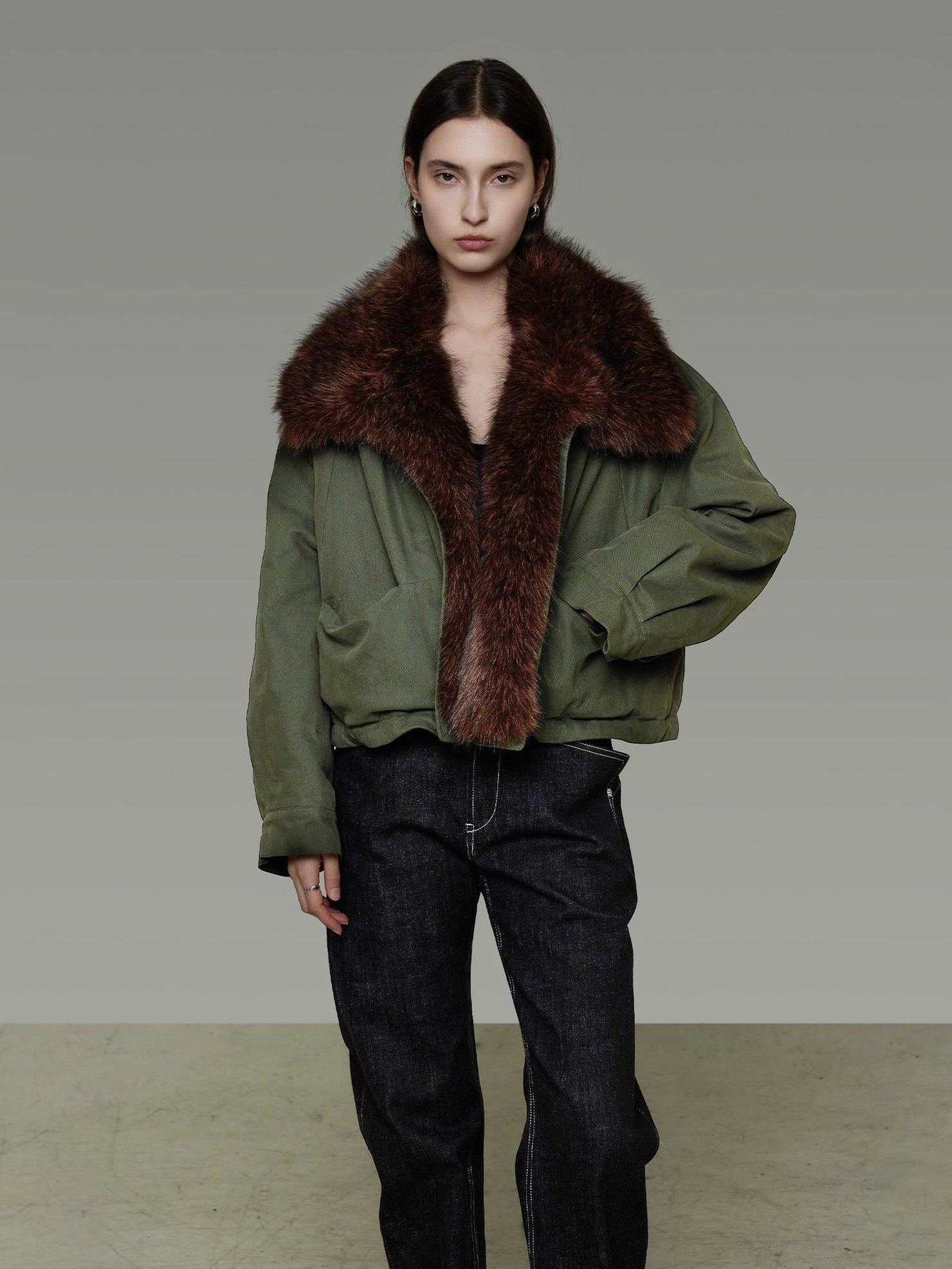 UNSPOKEN Fur Collar Cropped Single Breasted Long Sleeve For Women Olive Green Jacket