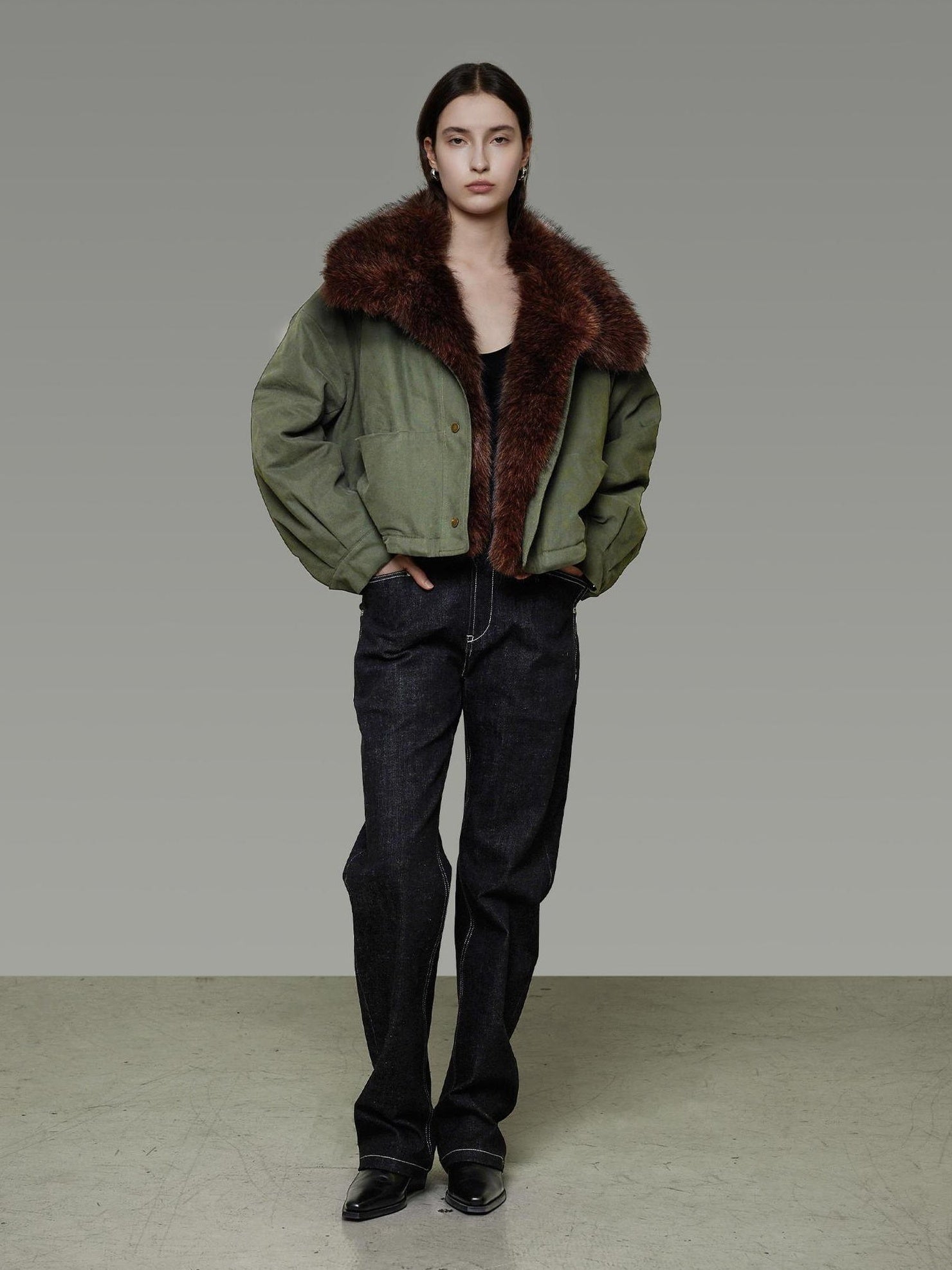 UNSPOKEN Fur Collar Cropped Single Breasted Long Sleeve For Women Olive Green Jacket