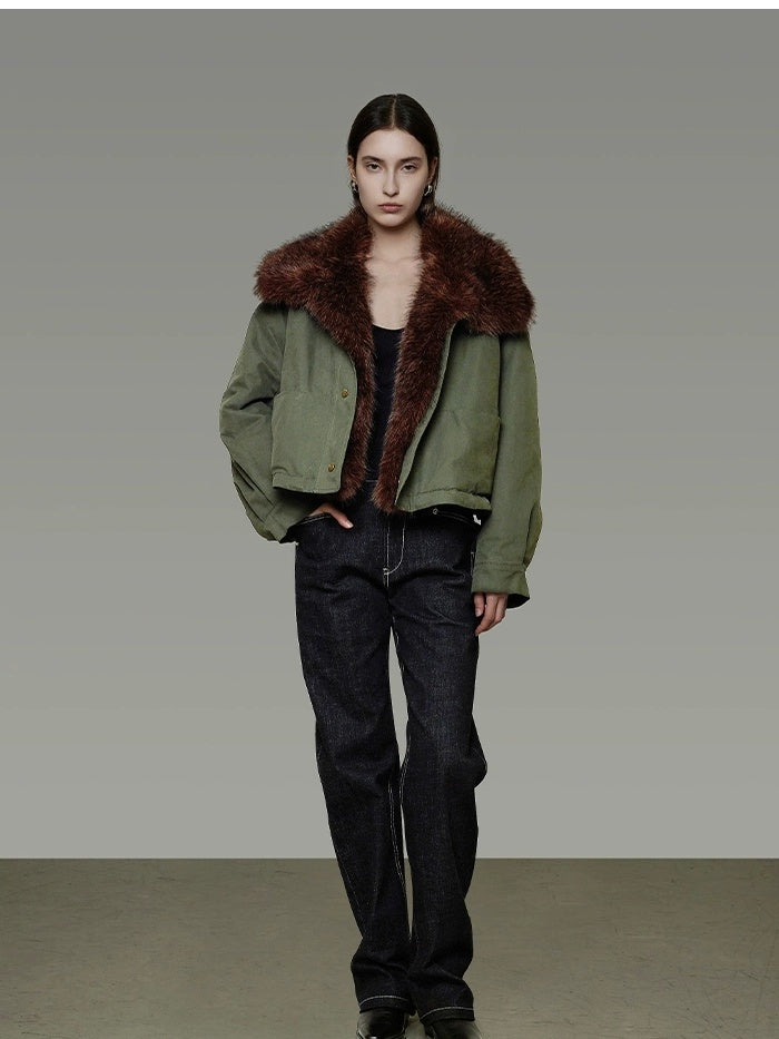 UNSPOKEN Fur Collar Cropped Single Breasted Long Sleeve For Women Olive Green Jacket