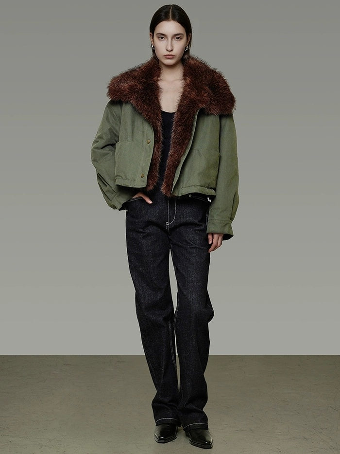 UNSPOKEN Fur Collar Cropped Single Breasted Long Sleeve For Women Olive Green Jacket
