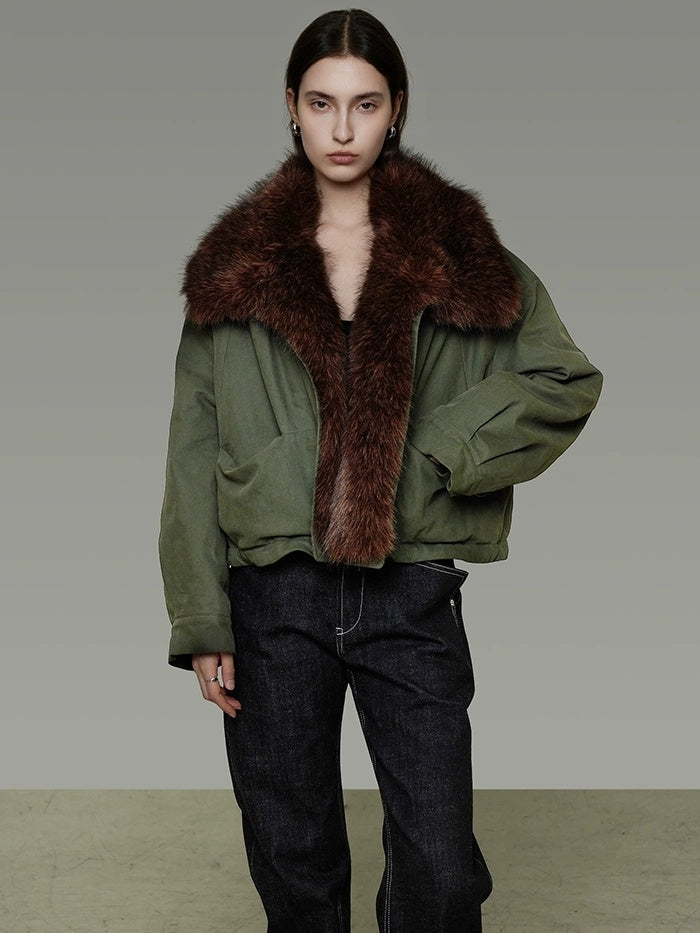 UNSPOKEN Fur Collar Cropped Single Breasted Long Sleeve For Women Olive Green Jacket