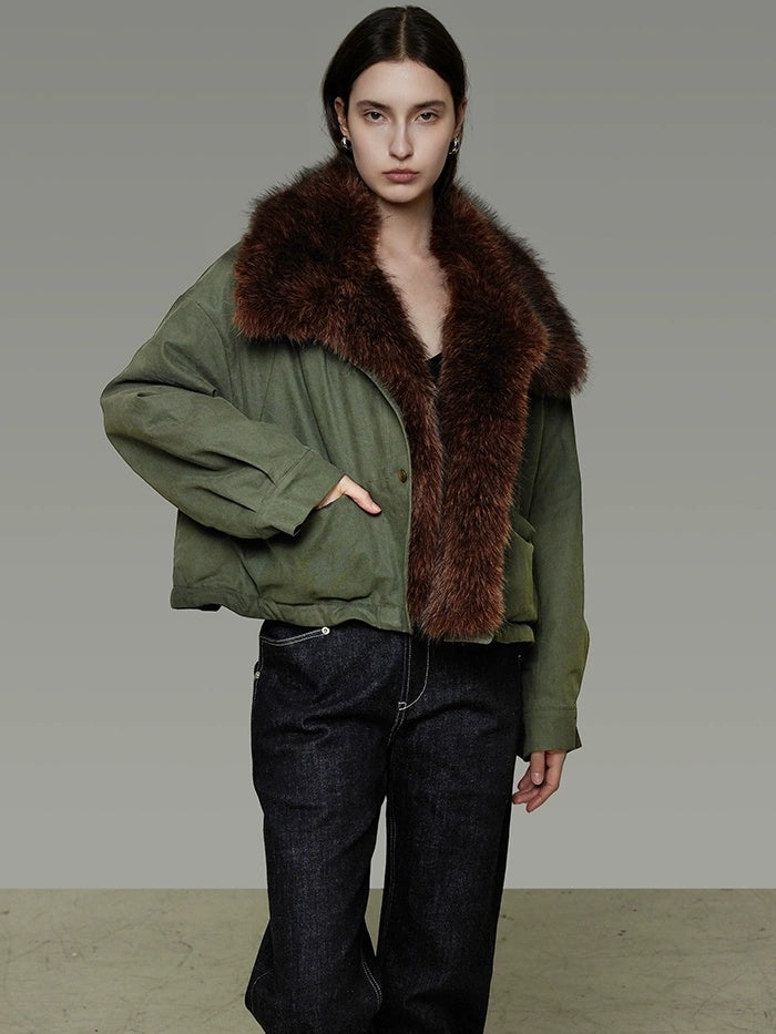 UNSPOKEN Fur Collar Cropped Single Breasted Long Sleeve For Women Olive Green Jacket