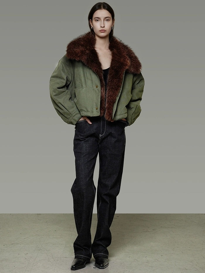 UNSPOKEN Fur Collar Cropped Single Breasted Long Sleeve For Women Olive Green Jacket