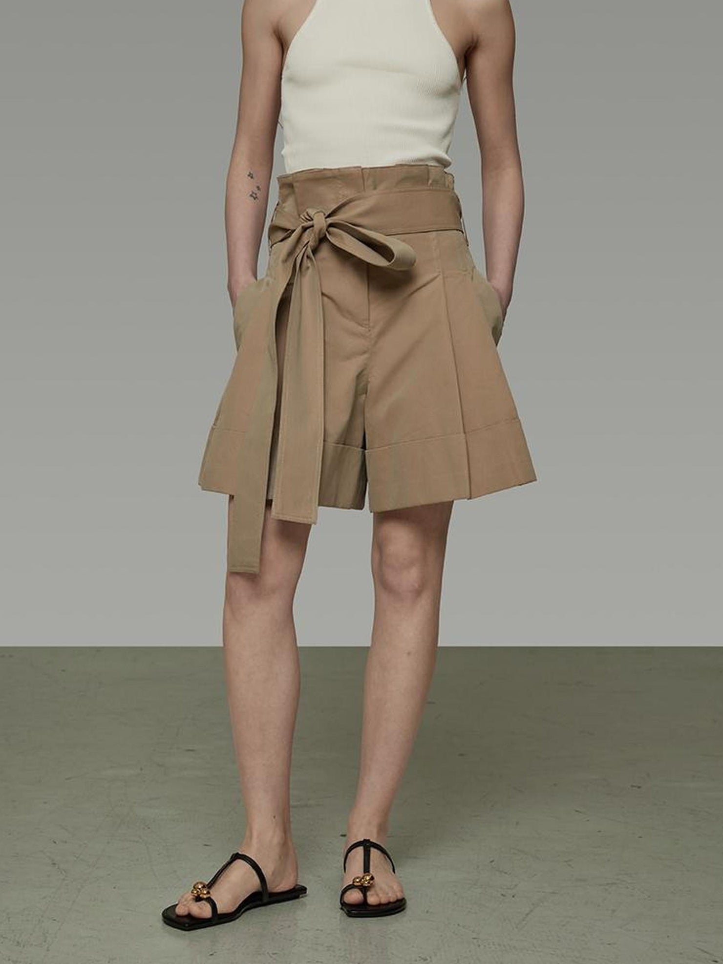 UNSPOKEN High Waist Cotton Blend Drawstring Minimal Commuter Wide Leg Khaki Shorts