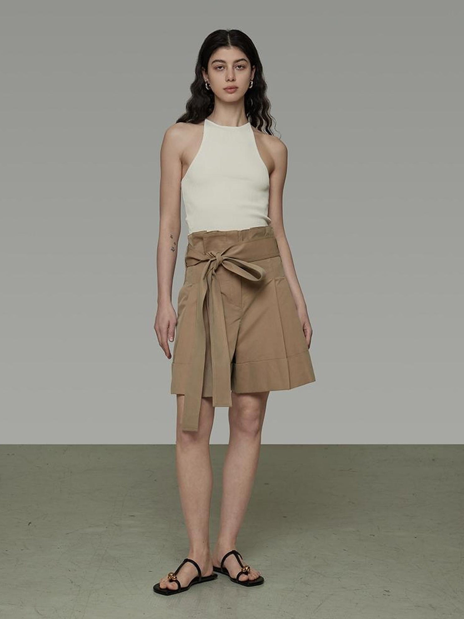 UNSPOKEN High Waist Cotton Blend Drawstring Minimal Commuter Wide Leg Khaki Shorts