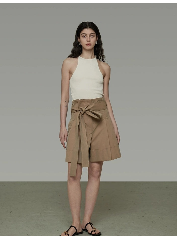 UNSPOKEN High Waist Cotton Blend Drawstring Minimal Commuter Wide Leg Khaki Shorts