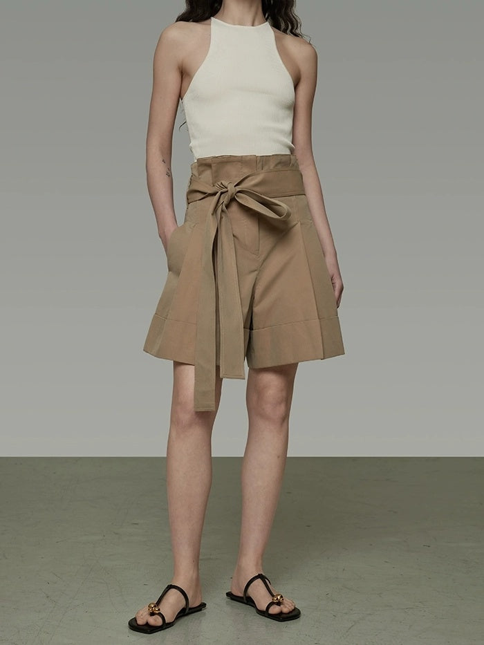 UNSPOKEN High Waist Cotton Blend Drawstring Minimal Commuter Wide Leg Khaki Shorts