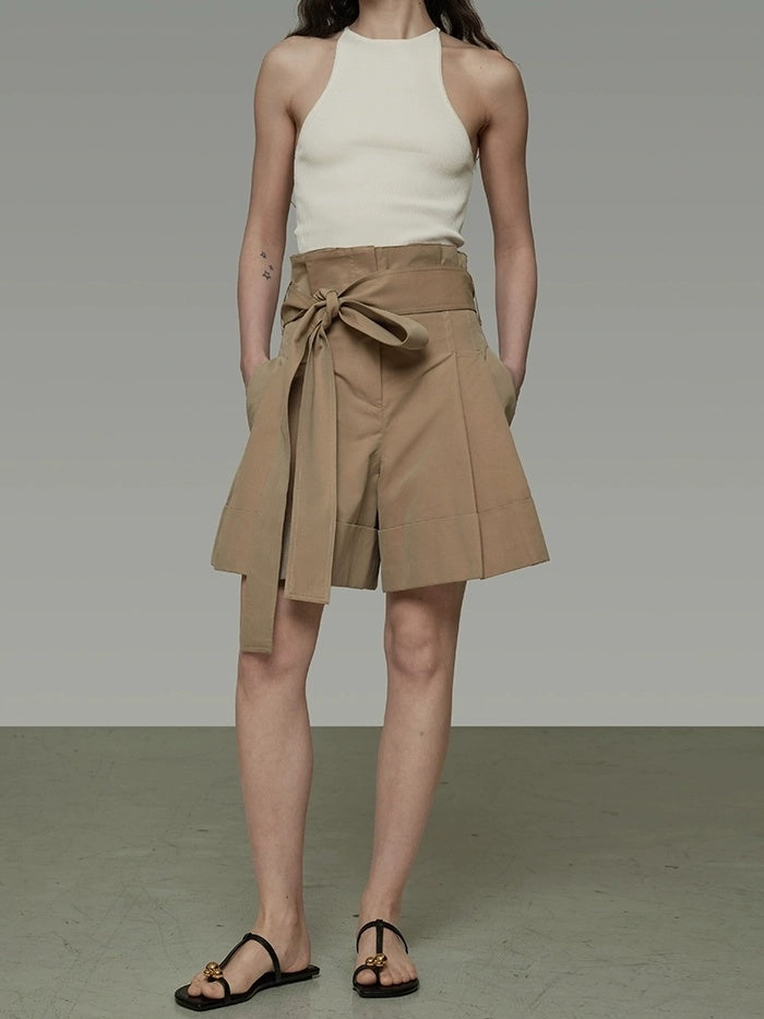 UNSPOKEN High Waist Cotton Blend Drawstring Minimal Commuter Wide Leg Khaki Shorts