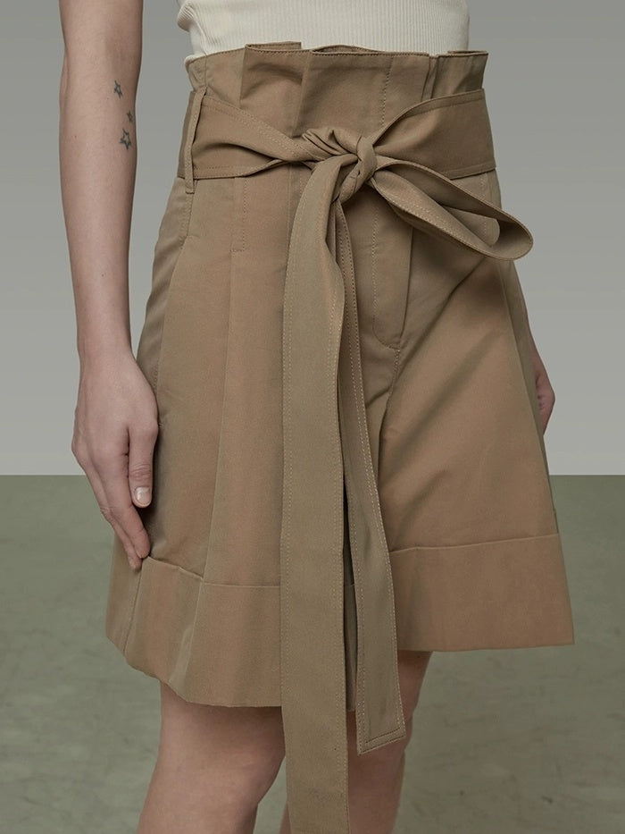 UNSPOKEN High Waist Cotton Blend Drawstring Minimal Commuter Wide Leg Khaki Shorts