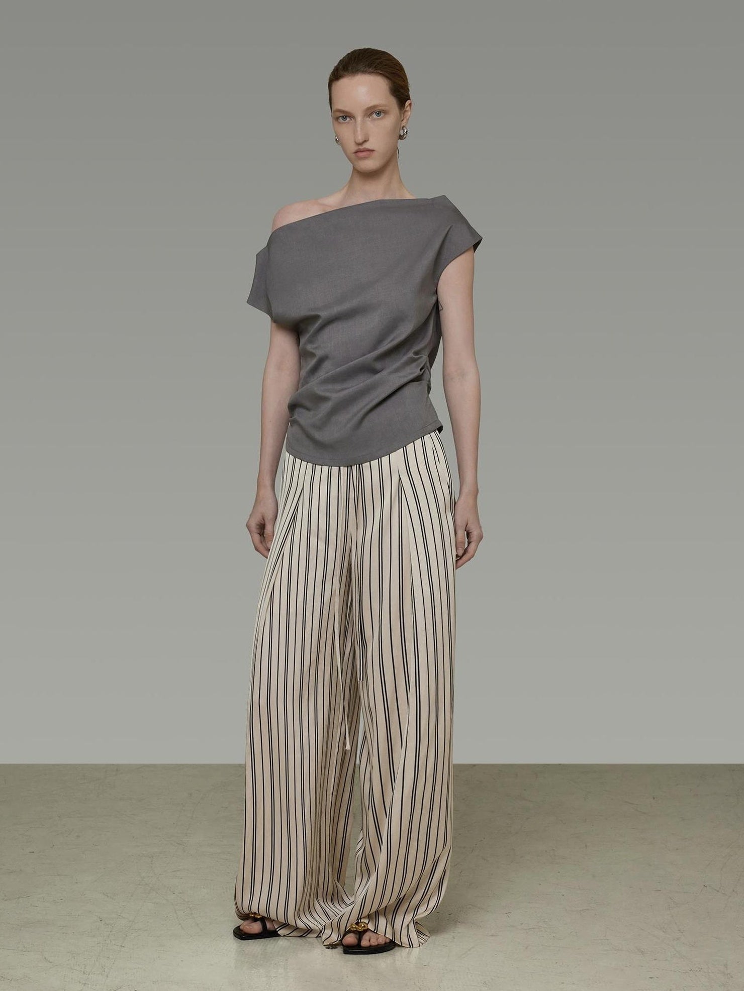 UNSPOKEN High Waist Elastic Waistband Minimal Straight Leg Work Striped Polyester Pants