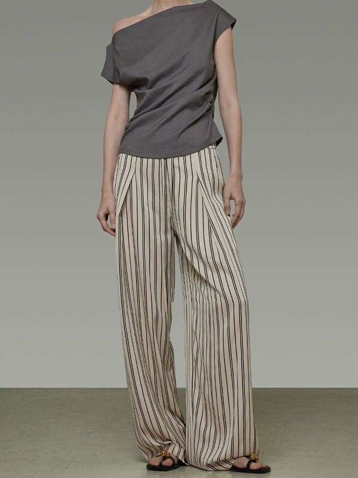 UNSPOKEN High Waist Elastic Waistband Minimal Straight Leg Work Striped Polyester Pants