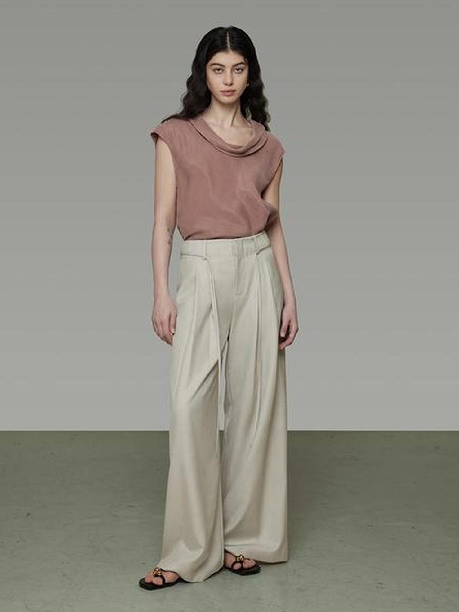 UNSPOKEN High Waist Pleated Wide Leg Belt Detail Minimalist Office Women Polyester Pants